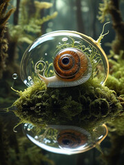 Surreal Snail in a Glass Bubble: Nature Reflection Art with Dreamlike Underwater Vibe