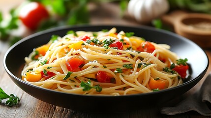 A bowl of pasta primavera with seasonal vegetables, served with a light garlic and olive oil sauce.