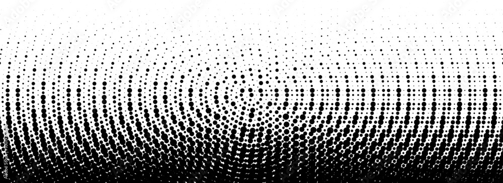 Poster Dotted halftone gradient texture. Fading wavy polka dot background. Dot curved circular pattern wallpaper. Black and white comic pop art overlay backdrop. Halftone raster wave moire effect. Vector