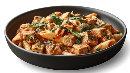 A dish of penne alla vodka, creamy tomato sauce with vodka, served with fresh basil.