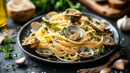 A dish of spaghetti alle vongole with clams, garlic, and parsley in a white wine sauce.
