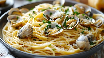 A dish of spaghetti alle vongole with clams, garlic, and parsley in a white wine sauce.