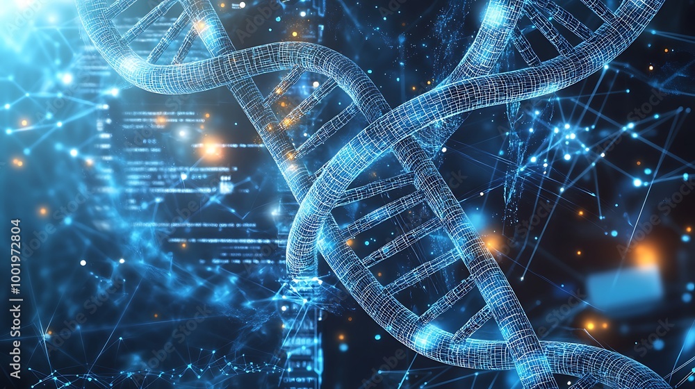 Poster abstract digital representation of a dna double helix with glowing blue and yellow lights.