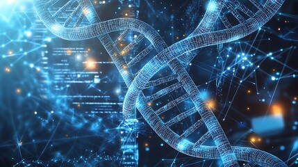 Abstract digital representation of a DNA double helix with glowing blue and yellow lights.