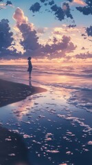 Fototapeta premium A lone figure at the beach watches the sunset, lost in deep thoughts as waves crash