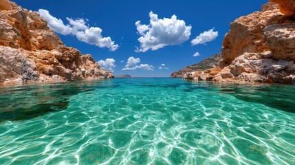 Obraz premium Crystal Clear Turquoise Water Rocky Coastline and Blue Sky Summer Mediterranean Sea