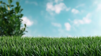 Fototapeta premium Lush Green Grass Field with Blue Sky and Clouds Nature Background