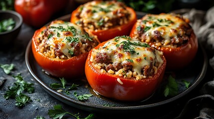 A plate of stuffed bell peppers filled with Italian sausage and rice, topped with melted cheese.