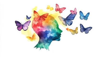 Human silhouette, dissolving into butterflies, framed by soft light, watercolor style