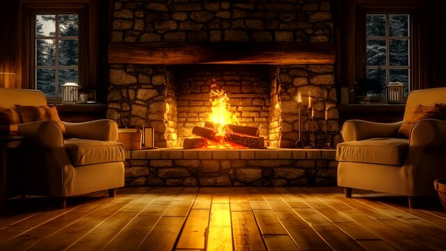 Warm cozy interior of rustic cabin with fireplace glowing during winter evening.  Seamless looping time-lapse animation video background