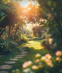 Sunlit path through a garden