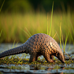 Obraz premium The pangolin is the only mammal covered in scales. It uses its long tongue to eat ants and termites. 