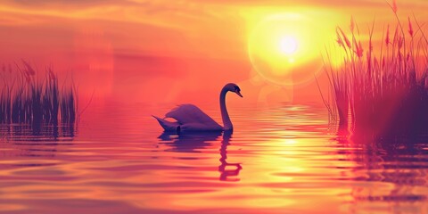 Naklejka premium Serene Sunset with a Graceful Swan