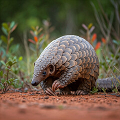 Fototapeta premium The pangolin is the only mammal covered in scales. It uses its long tongue to eat ants and termites. 