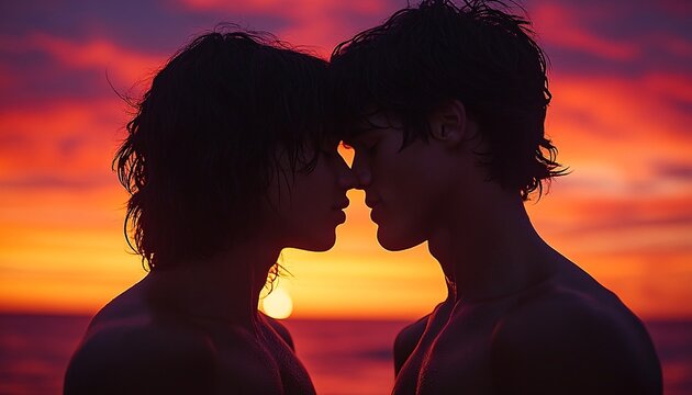Embracing Love: Gay Couple Silhouettes on Beach at Sunset, Intimate and Warm Close-Up Shot