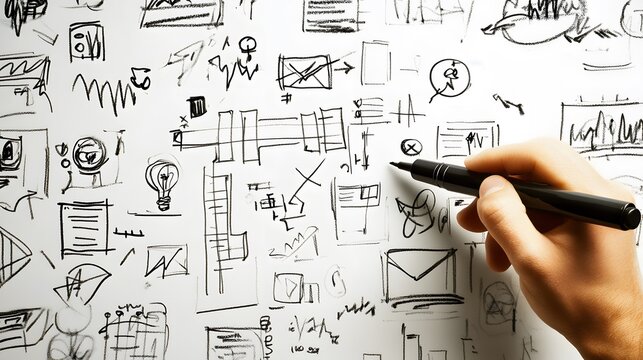 The Genesis of an Idea: A hand sketching out a myriad of design elements and ideas on a whiteboard, symbolizing the process of creativity and innovation.