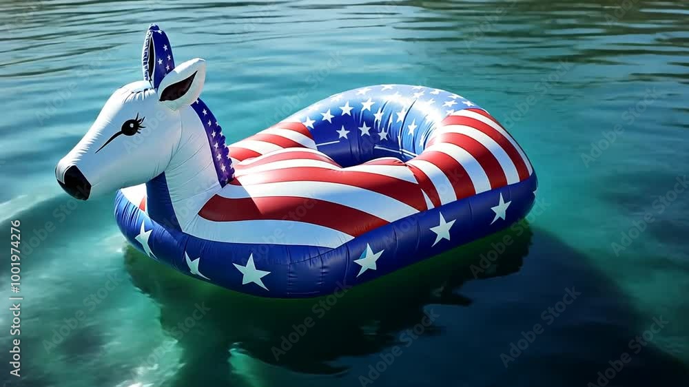 Poster colorful pool float shaped like a donkey in a sparkling blue pool generative ai