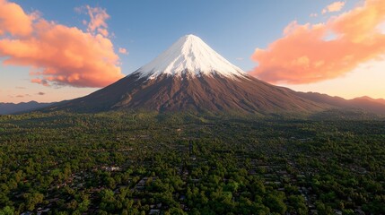 Obraz premium Majestic Mountain Peak with Snow Cap and Sunset Clouds Over Forest Landscape