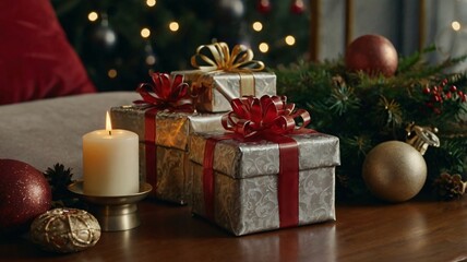 Christmas gifts wrapped in silver and red ribbons beside a decorative candle and greenery on a cozy table with festive decor