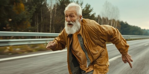 Senior man sprinting on a road