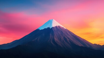 Fototapeta premium Majestic Snow Capped Mountain Peak at Sunset with Pink and Orange Sky