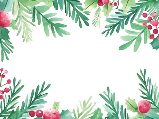 Fototapeta premium A vibrant, nature-themed border featuring green leaves and red berries, perfect for seasonal designs or festive occasions with a blank center.