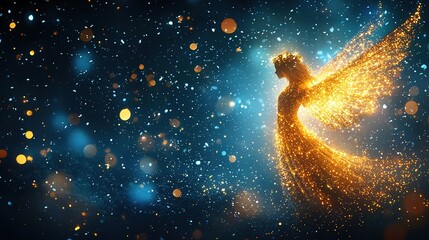 whimsical xmas background bokeh light with copy space Golden angel with sparkling aura against dark background