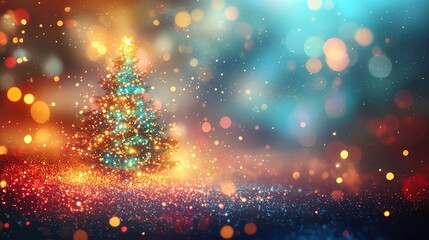 whimsical xmas background bokeh light with copy space Colorful Christmas tree with bright lights