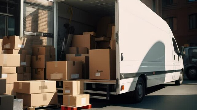 White delivery van is parked outside a warehouse with its back doors open, revealing numerous stacked cardboard boxes ready for shipping