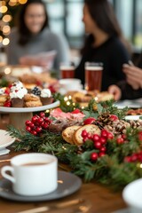 Naklejka premium Employees gathered around a table filled with holiday treats and beverages, sharing stories and enjoying the festivities, Generative AI 