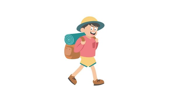 animated cartoon illustration of a boy walking carrying a backpack, climber, adventure, alpha channel background, looping animation