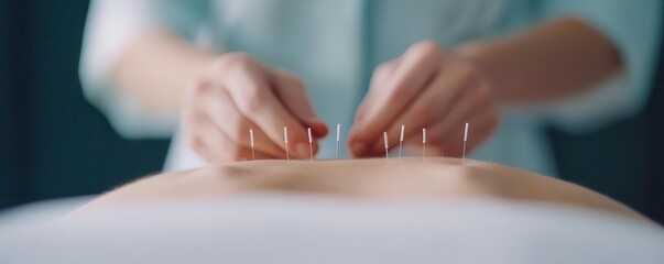 Acupuncture session with needles applied to the back, close-up on treatment process.
