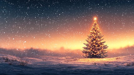 whimsical xmas background bokeh light with copy space Festive Christmas tree in snowy landscape