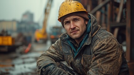 Construction worker resting on site in urban area during overcast day, showcasing dedication to labor and resilience in tough conditions