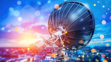 A satellite dish against a vibrant sunset sky, symbolizing technology and communication.