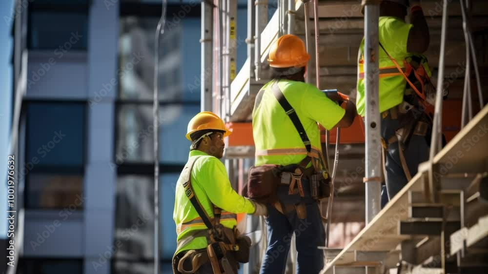 Poster construction workers wearing safety equipment working on a scaffold at a building site discussing th