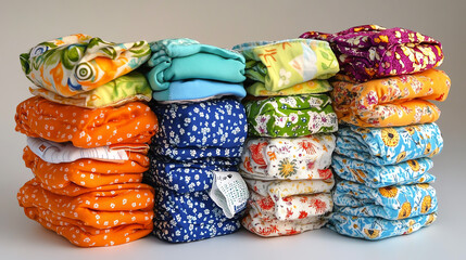 Colorful stack of reusable cloth diapers neatly arranged in various patterns for eco-friendly parenting.