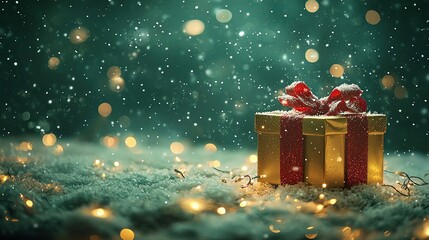 whimsical xmas background bokeh light with copy space Christmas gift on a snowy background