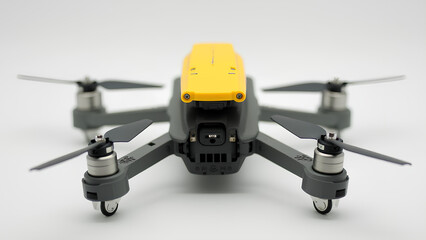 an aerial camera with two drone wheels and a yellow housing