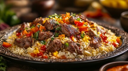 Fototapeta premium plate of maqluba rice and meat served