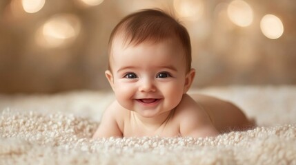 Adorable baby lying on a fluffy blanket smiling