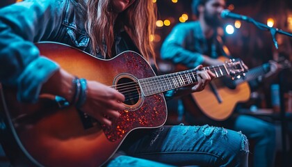 Fototapeta premium Melodic Synergy: Musicians Jamming in Dimly Lit Room