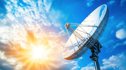 A large satellite dish points upwards against a bright blue sky with white clouds and a glowing sunset in the background.