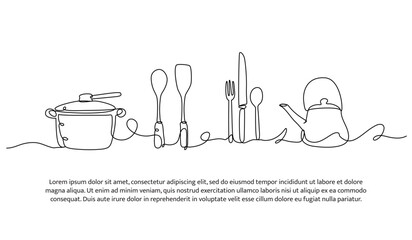 Continuous line design of cooking equipment. Single line decorative element drawn on white.