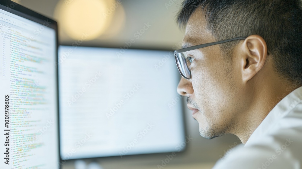 Poster focused software developer working late night in modern office on dual monitors