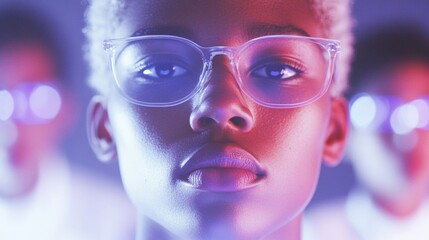 Focused Teen Programming in Modern Office Environment with Evening Lighting and Futuristic Visuals