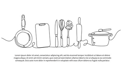 Continuous line design of cooking equipment. Single line decorative element drawn on white.