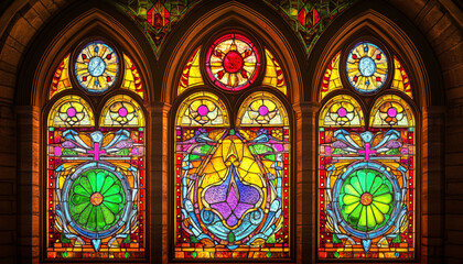 A vibrant stained glass design with intricate patterns and rich colors, resembling classic church or cathedral windows