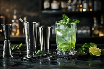 Final word green cocktail made with dry gin herbal liqueur lime juice mint and ice Black bar counter backdrop featuring steel bar tools and bottles. Copy space image. Place for adding text and design
