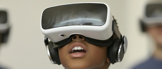 Diverse Student in Classroom Wearing VR Headset Immersed in Virtual Experience, Educational Technology in Modern Learning Environment
